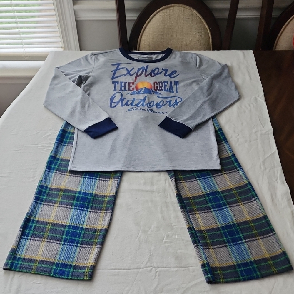 Eddie Bauer Explore the Great Outdoors Kids Pajamas - Gray and Blue Plaid